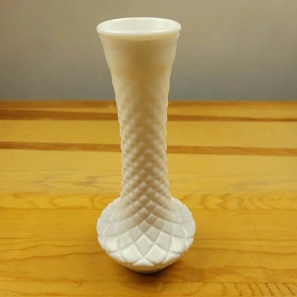 Vintage Loeffler Randall Cross Hatched Milk‎ Glass Bud Vase Mid-Century Hobnail